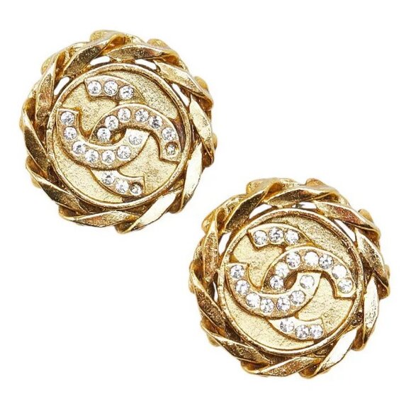 CHANEL CC Logos Rhinestone Round Twist Clip-On Earrings Gold Tone 23 D-228-71 - Picture 1 of 15